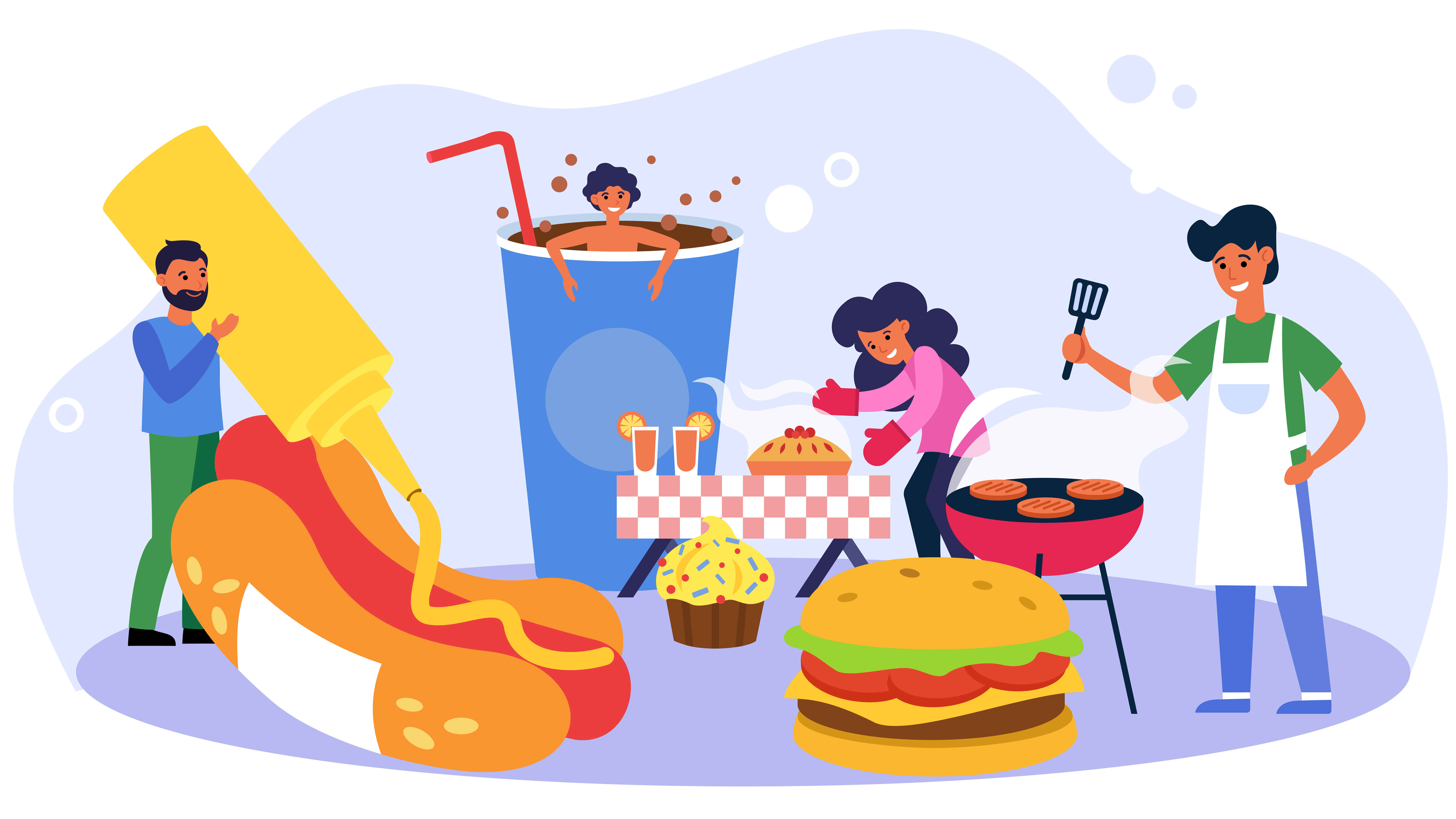 Happy people cooking sweet and fast food. Bakery, cheeseburger, soda flat vector illustration. Unhealthy diet, snack, cafe, restaurant concept for banner, website design or landing web page