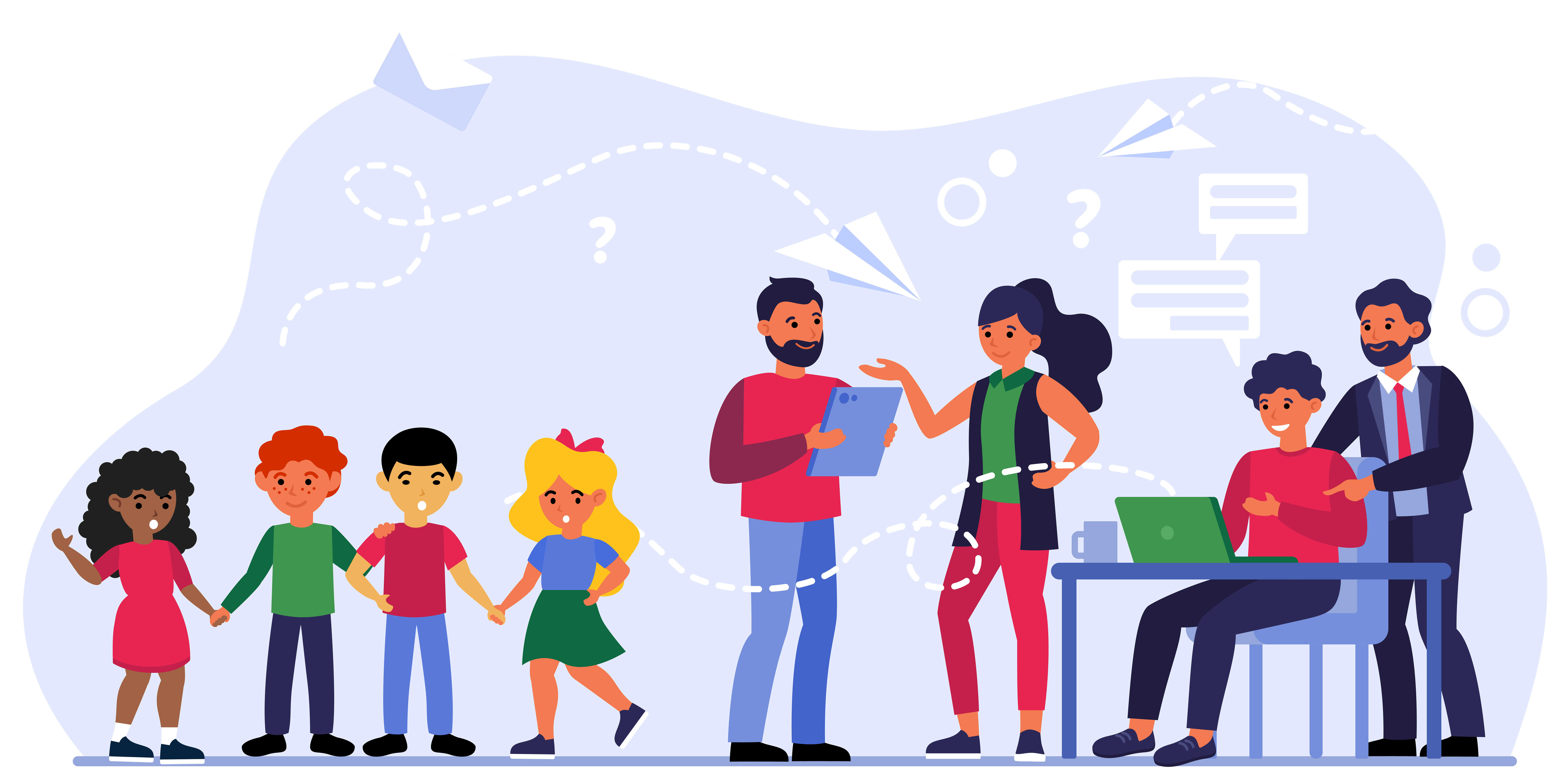 Teacher-parent meeting. Group of kids, people talking and using PC at workplace flat vector illustration. Communication, teaching, parenthood concept for banner, website design or landing web page