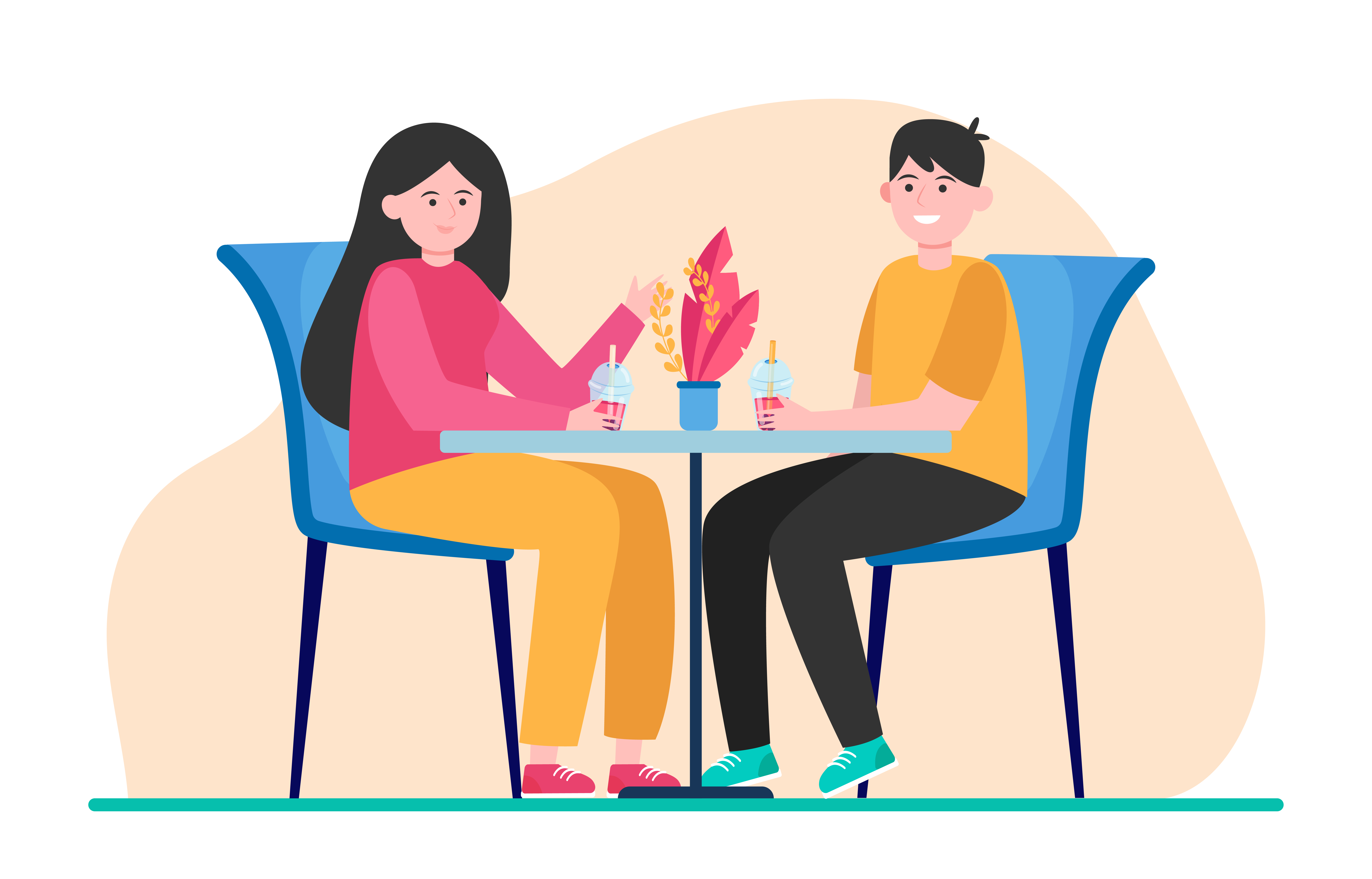 Young couple sitting in cafe and drinking bubble tea. Date, love, coffee flat vector illustration. Relationship and family concept for banner, website design or landing web page