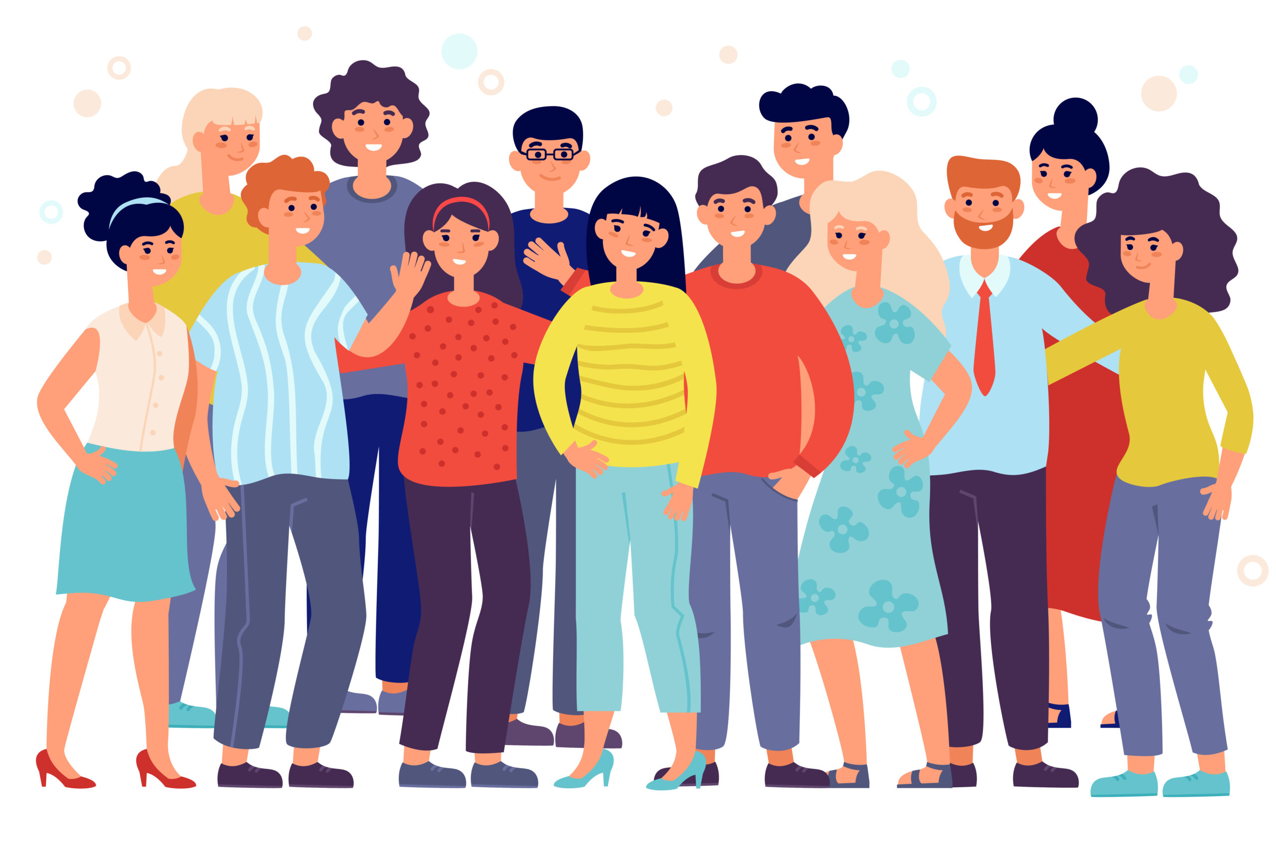 Portrait of young employee team isolated flat vector illustration. Cartoon smiling office workers and colleague standing together in group. Corporate startup and business concept